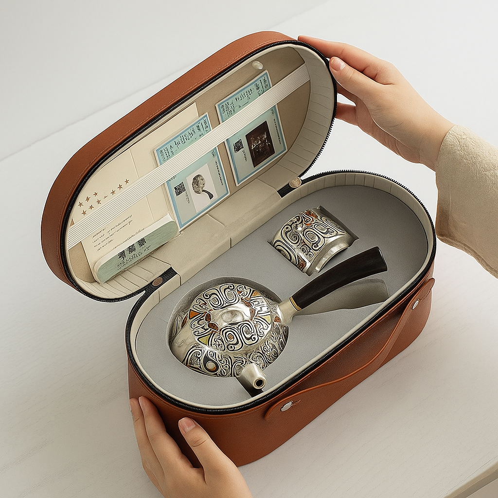 Silver plated tea set in leather case