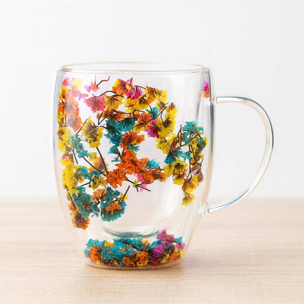 Real dried flower double wall glass cup