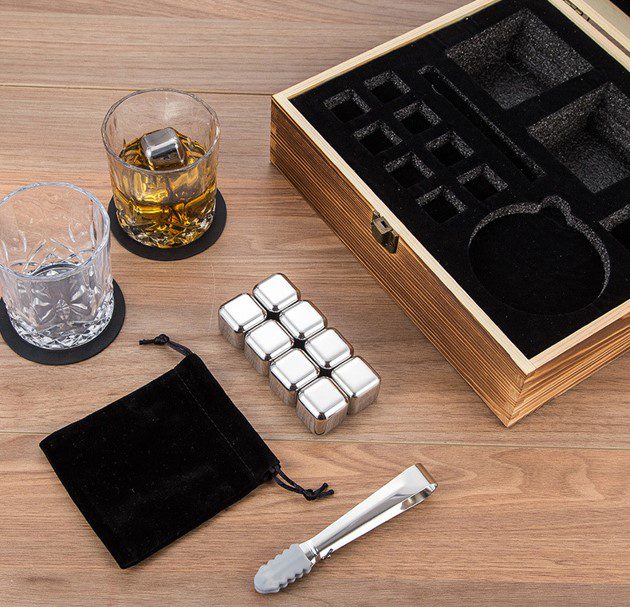 Stainless steel whiskey stones and glasses gift set