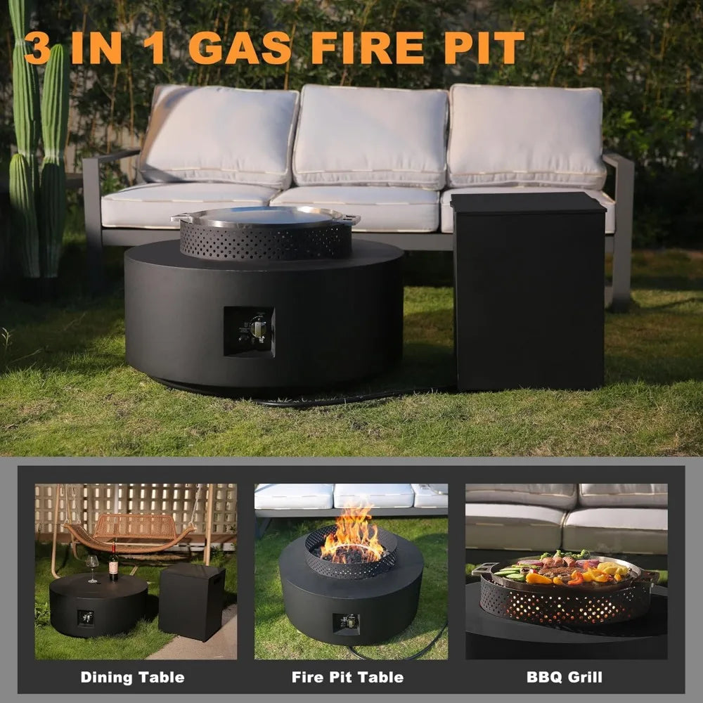 3-Piece Outdoor Fire Pit Table, 32 Inch Propane Fire Table 65,000 BTU Black Round Gas Firepit, Baking Sheet, Wind Guard and 16 i