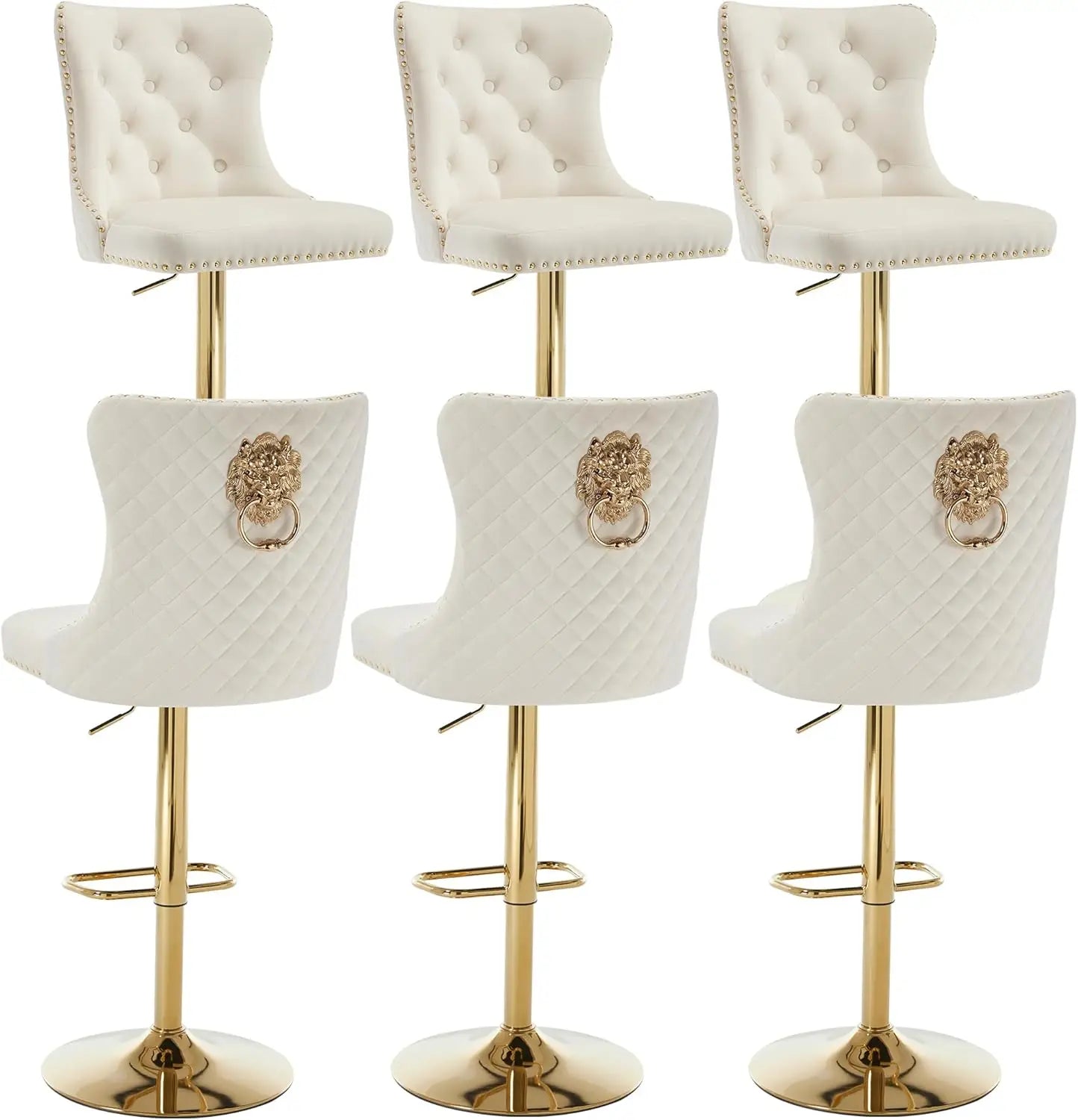 Gold Bar Stools Set of 6,  Velvet Tufted Barstools Upholstered Bar Height Chairs for Kitchen Island, Dining Room, Cafe, Cream