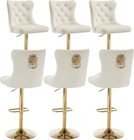 Gold Bar Stools Set of 6,  Velvet Tufted Barstools Upholstered Bar Height Chairs for Kitchen Island, Dining Room, Cafe, Cream