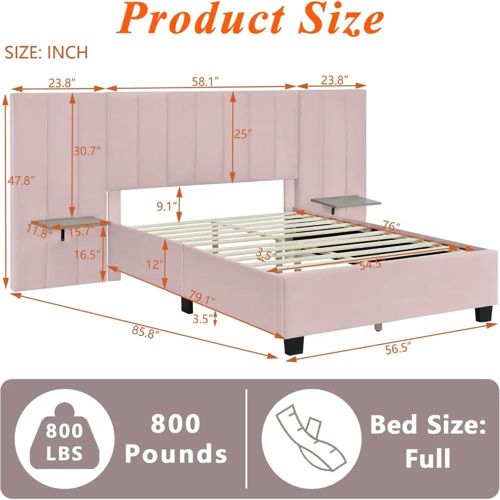 Luxury Bed Frame with Tall Headboard, Tall Upholstered Bed Frame Queen with Integrated Bedside Shelves, Modern Bed Frame & Soft