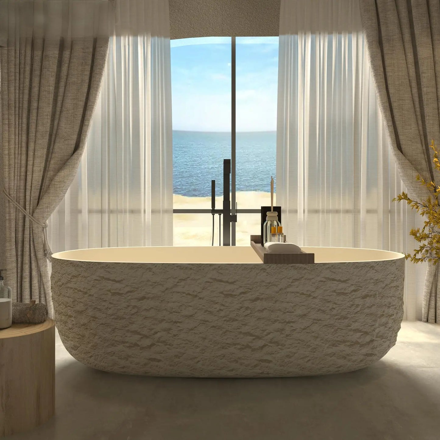 "Luxury Wabi Sabi Stone Texture Bathtub -Handmade One-Piece Artificial Rock Freestanding Tub, Artistic Bath for Home & B&B"