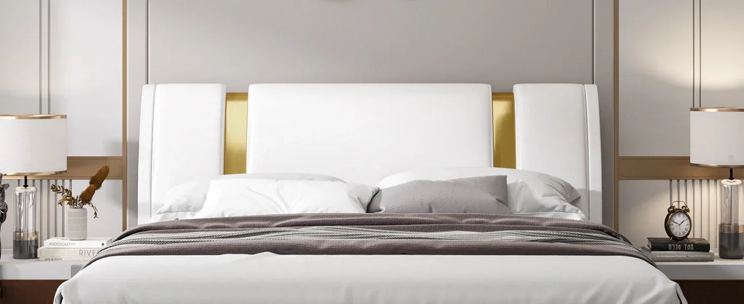 Modern Faux Leather Upholstered Platform Bed Frame with Golden Iron Metal Decor, No Box Spring Needed, Queen Size