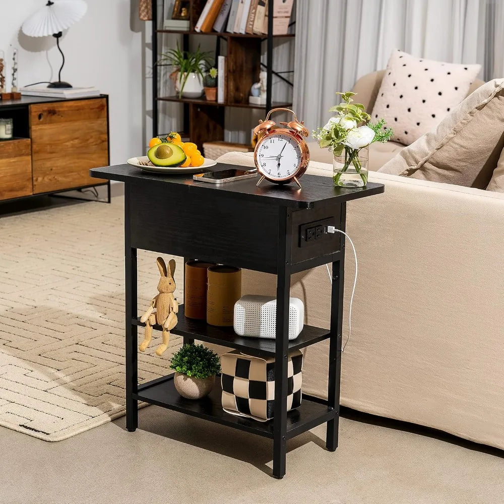 End Table w/Charging Station, Flip Top Side Table with USB Ports and Outlets, Narrow Nightstand with Storage Shelves,nightstands