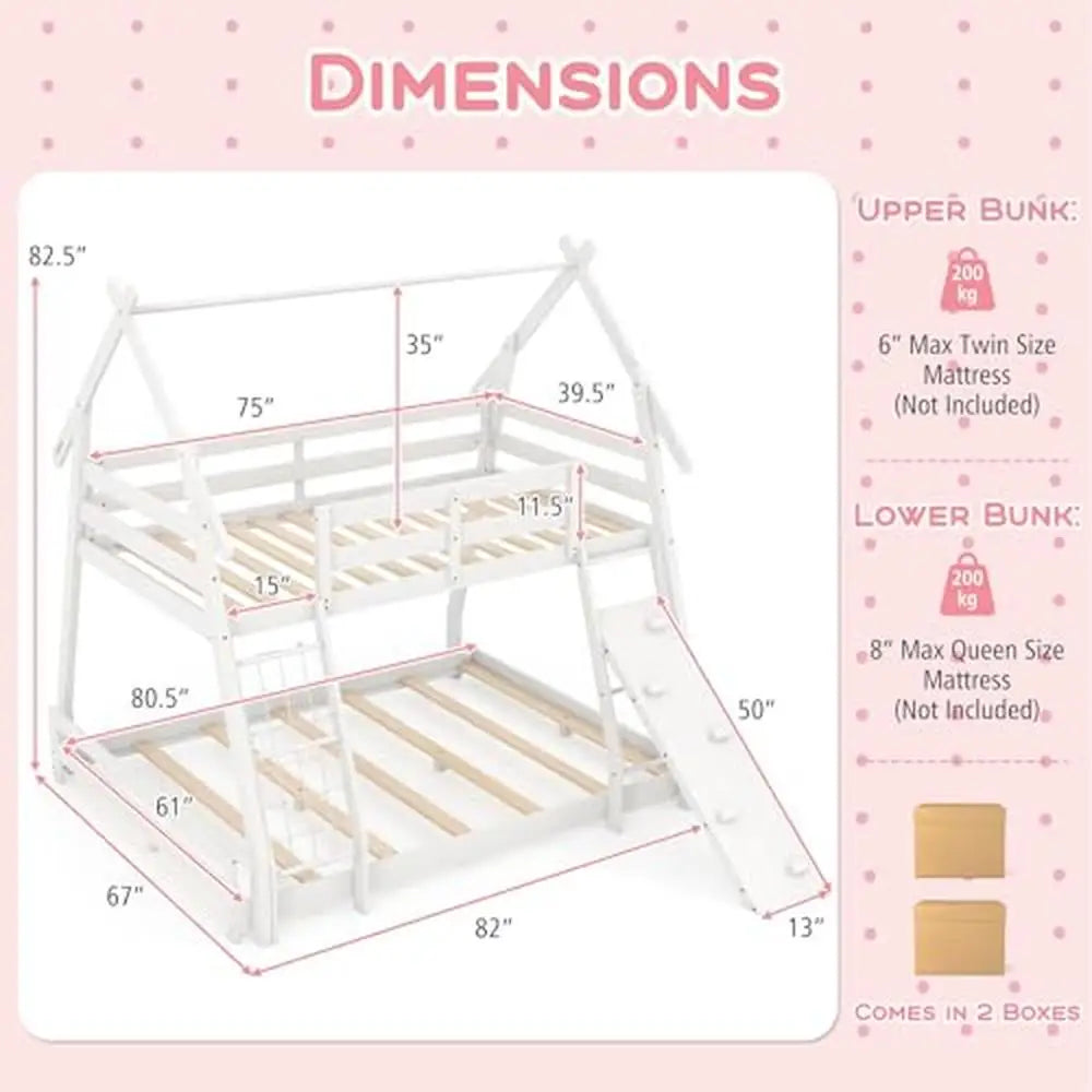House-Shaped Twin Over Queen Bunk Bed with Climbing Nets and Ramp Creative Design Kids Space-saving Wooden Bed Safety Guardrail