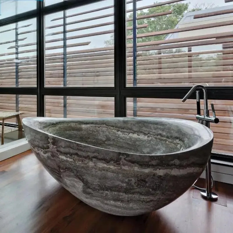 Luxury Natural Marble Bathtub - Double Sized Soaking Tub for Hotel Villa Spa, Artistic Freestanding Tub for Indoor Outdoor Use