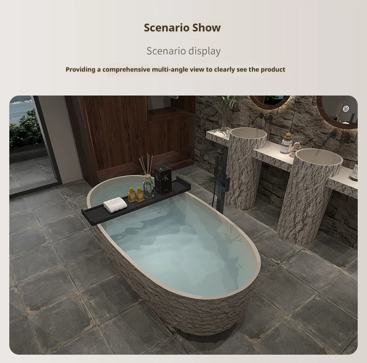 "Luxury Wabi Sabi Stone Texture Bathtub -Handmade One-Piece Artificial Rock Freestanding Tub, Artistic Bath for Home & B&B"