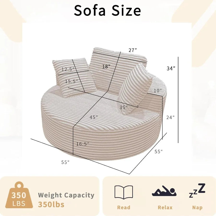 55 Oversized Round Chair Lounge Chaise IndoorCorduroy Circle Chair S Sofa Couch Bed Fluffy Modern S Boneless Sofa for Reading N