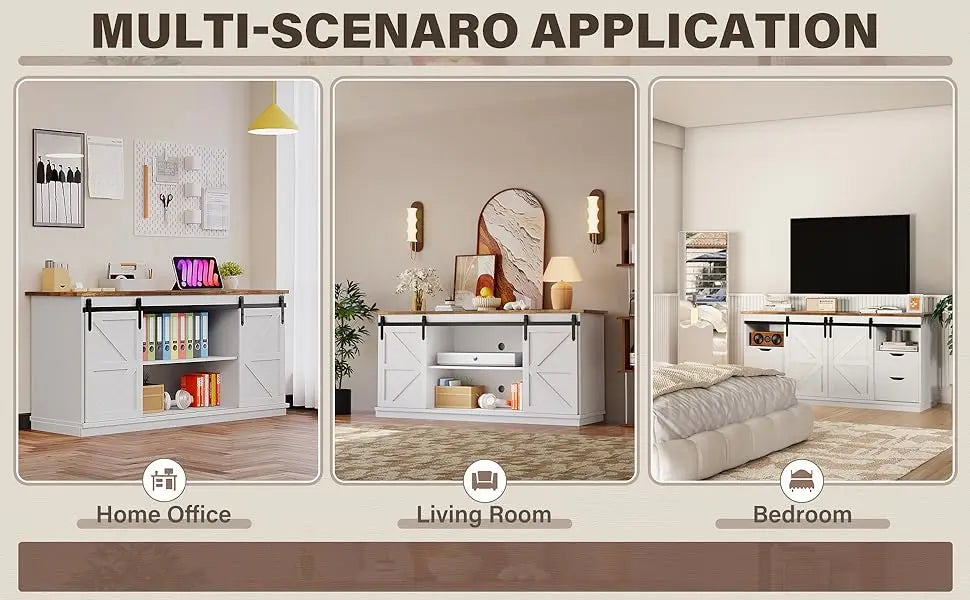 TV Stand for Televisions up to 65 Inchs, with Sliding Barn Doors and 4 Storage Drawers, Console Table and Media Furniture