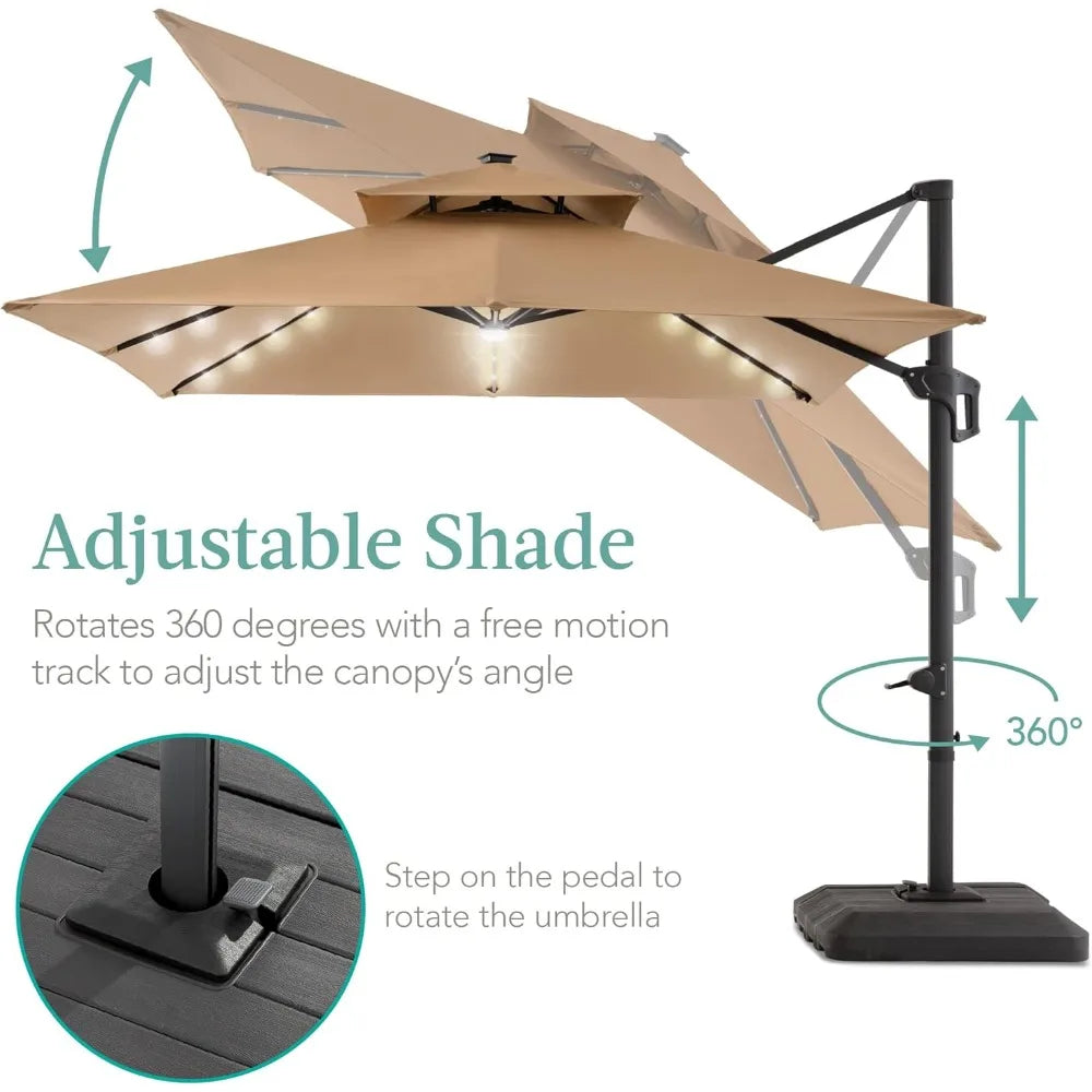 10x10ft Cantilever Patio Umbrella, w/Base Included, Solar LED Lights 360 Rotation Large Offset Hanging Outdoor Shade w/Stand