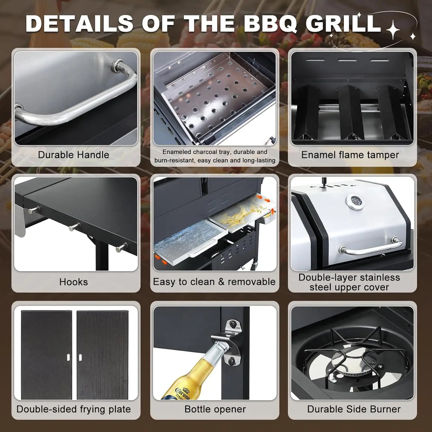 Gas and Charcoal Combo Grill with Side Burner, 37,230 BTU Outdoor BBQ Grill with Porcelain-Enameled