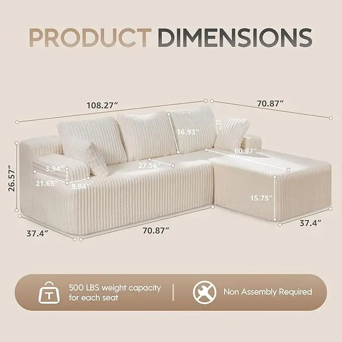 Modular Sectional Sofa Couches 108" L-Shape Couch 3 Seat Modular Sofa Memory Foam Sectional Couches for Living Room
