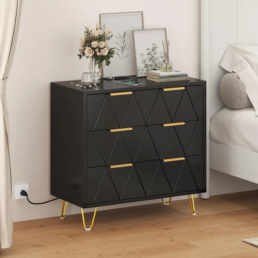 3 Drawer Wide Nightstand with Charging Station 27.6 Inch Wood Nightstand Black Dresser with Storage Drawers Bedside Table with