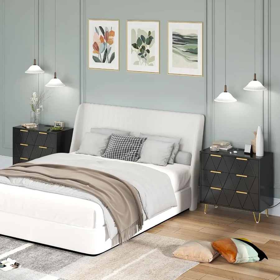 3 Drawer Wide Nightstand with Charging Station 27.6 Inch Wood Nightstand Black Dresser with Storage Drawers Bedside Table with