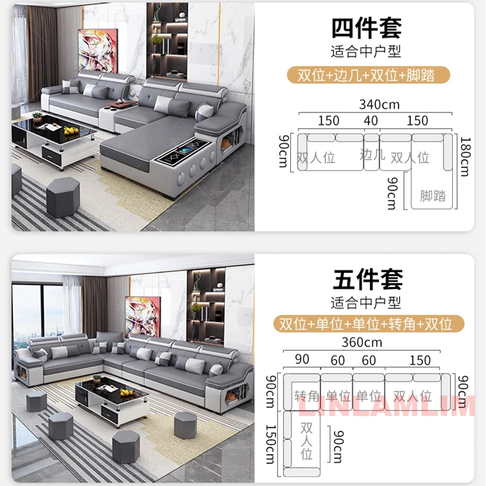 MANBAS Modern Scientific Cloth Sectional Sofa Set with Chaise Lounge, Bluetooth Speakers, and USB Charging Ports for Living Room