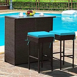 3 Piece Patio Bar Set, Outdoor Rattan Bar Table and 2 Stools with Tempered Glass Tabletop, 2-Tier Storage, Removable Cushions,