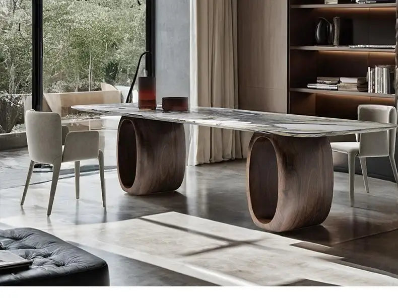 Luxury Natural Marble Dining Table, Rectangle Italian Modern Design with Walnut Wood, Customizable Designer Table for Villa