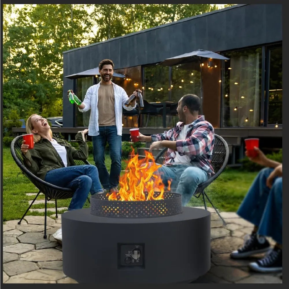 3-Piece Outdoor Fire Pit Table, 32 Inch Propane Fire Table 65,000 BTU Black Round Gas Firepit, Baking Sheet, Wind Guard and 16 i