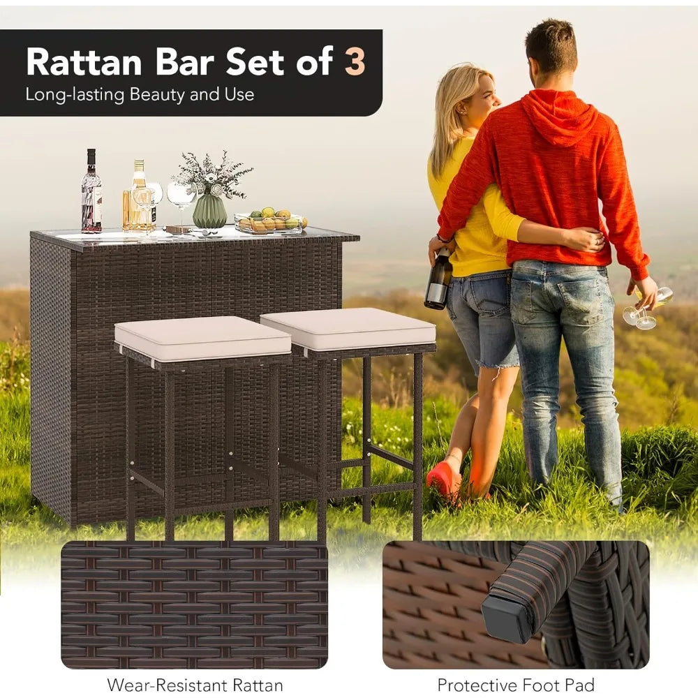 3 Piece Patio Bar Set, Outdoor Rattan Bar Table and 2 Stools with Tempered Glass Tabletop, 2-Tier Storage, Removable Cushions,
