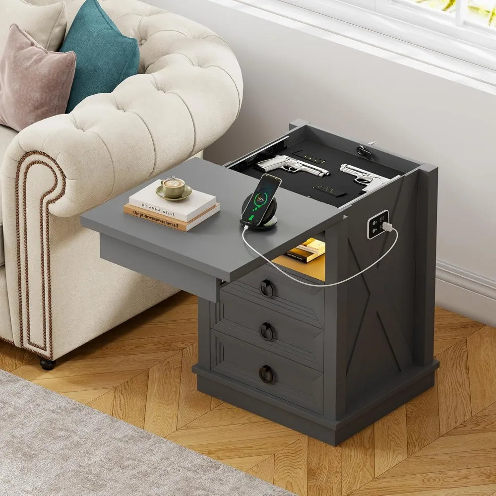 Lockable Gun Drawer Nightstand, 3-Color Dimmable LED End Table with Charging Port, Bedside Table with Human Sensor