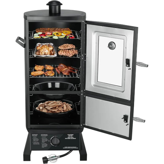 Smoker with Cover, Vertical Smoker Grill with Temperature Control Outdoor Heavy Duty Three Removable Smoking Shelves