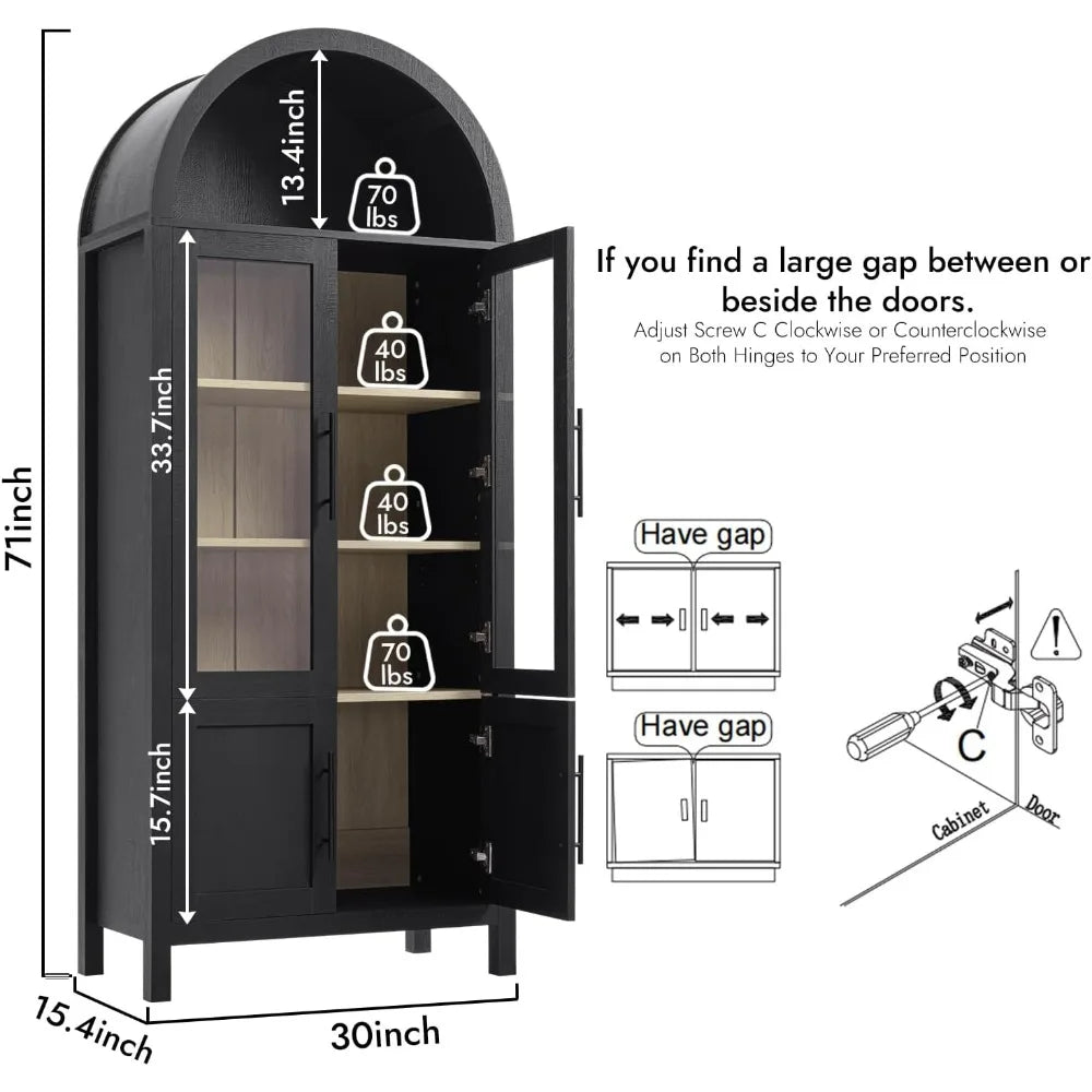 71" Arched Bookcase (5-Tier) - Farmhouse Style w/ Glass Doors, for Living Room/Office/Kitchen