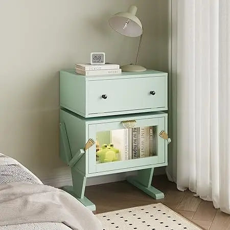 luxury royalcraft nightstand with led lighting, green rotating drawer end table, contemporary storage side table in wood
