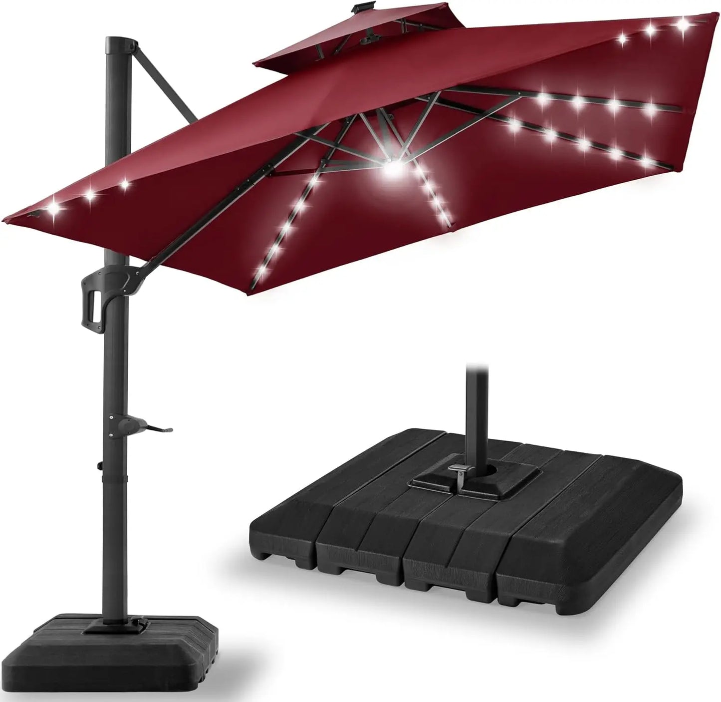 10x10ft Cantilever Patio Umbrella, w/Base Included, Solar LED Lights 360 Rotation Large Offset Hanging Outdoor Shade w/Stand