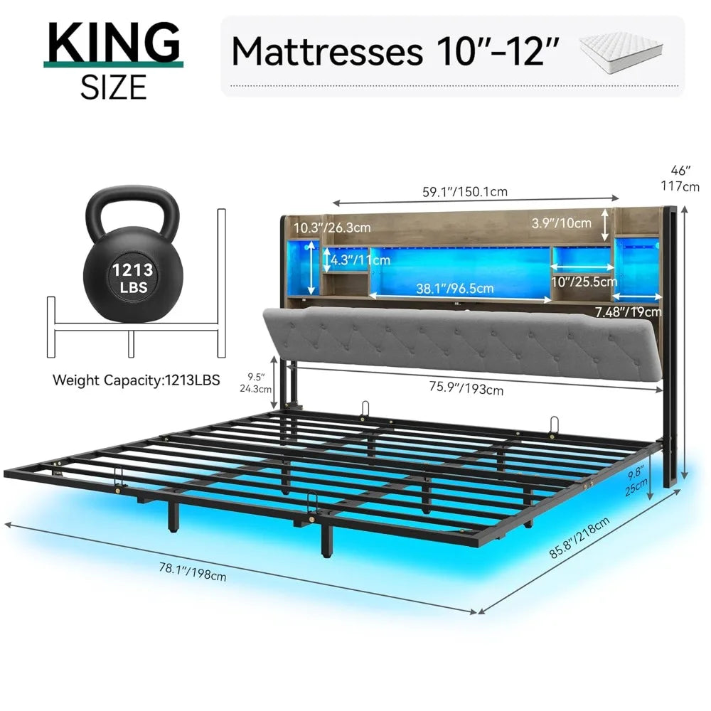 LED King Size Floating Bed Frame with Headboard Storage and Charging Station, Upholstered Platform, No Box Spring Needed