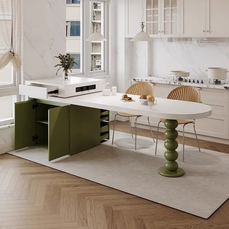 Island Table French Light Luxury Retractable Integrated Celebrity Family Apartment Arc Island Rock Plate Dining Table And Chairs