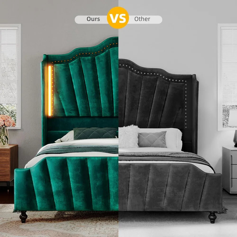 YITAHOME Queen Size Platform Bed Frame with 60" Tall Wingback Headboard and Footboard, Velvet Upholstered Bed with LED Light, So