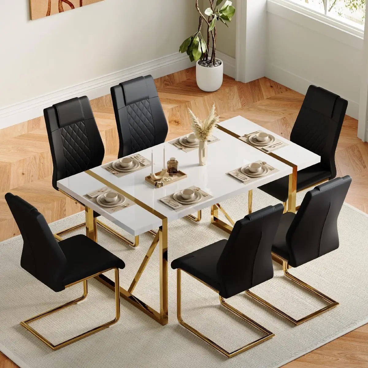 7 Piece Dining Table Set for Dining Room, Kitchen Table and Chairs Set for 6, Modern Dining Table Set for 6 with Metal Frame