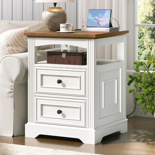 Large farmhousestyle end table with integrated charging station featuring drawers and open shelf for enhanced storage ideal for