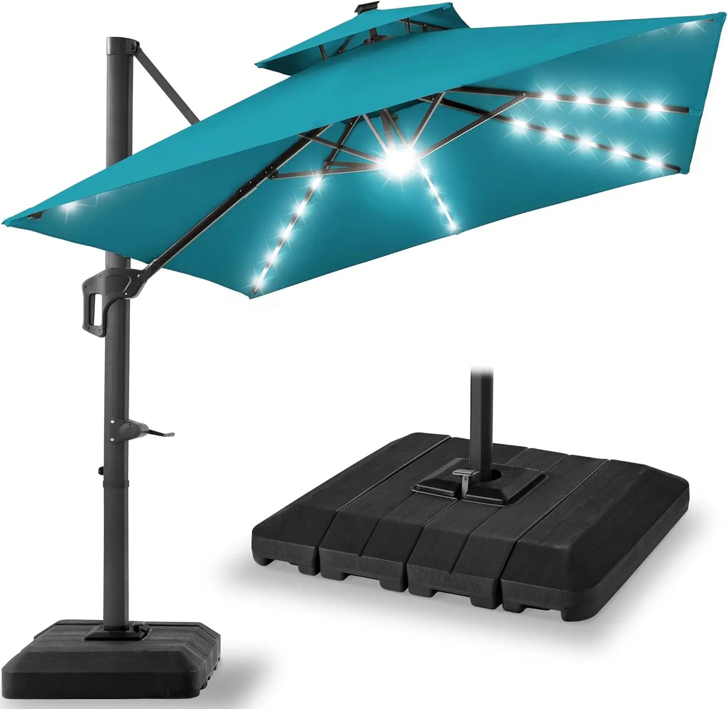 10x10ft Cantilever Patio Umbrella, w/Base Included, Solar LED Lights 360 Rotation Large Offset Hanging Outdoor Shade w/Stand