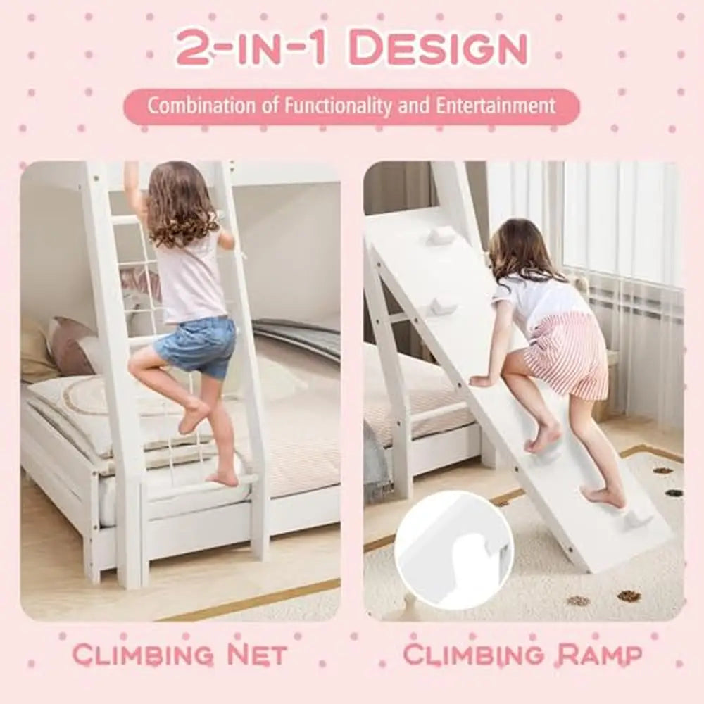 House-Shaped Twin Over Queen Bunk Bed with Climbing Nets and Ramp Creative Design Kids Space-saving Wooden Bed Safety Guardrail