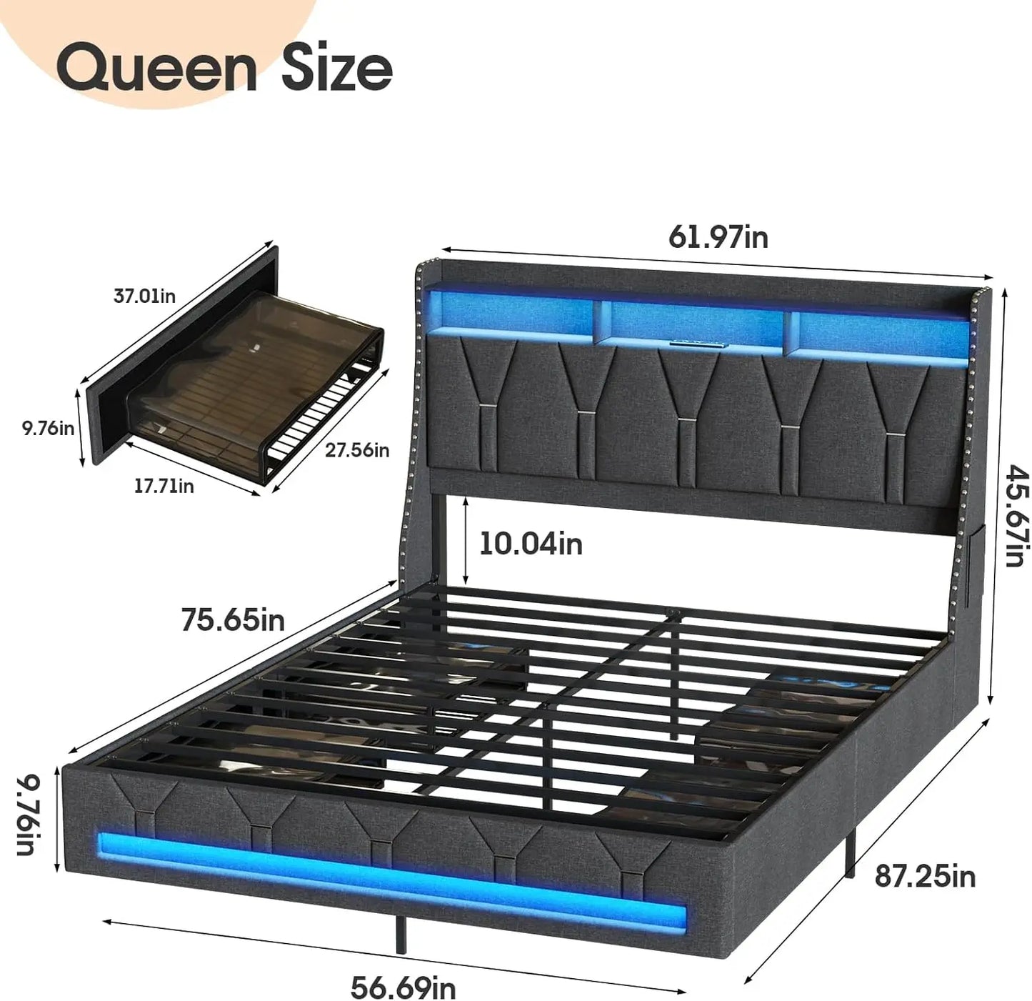 Vabches Queen Size Bed Frame with Headboard&4 Dustproof Storage Drawer Upholstered Platform Bed Frame with Power Strip&LED Light