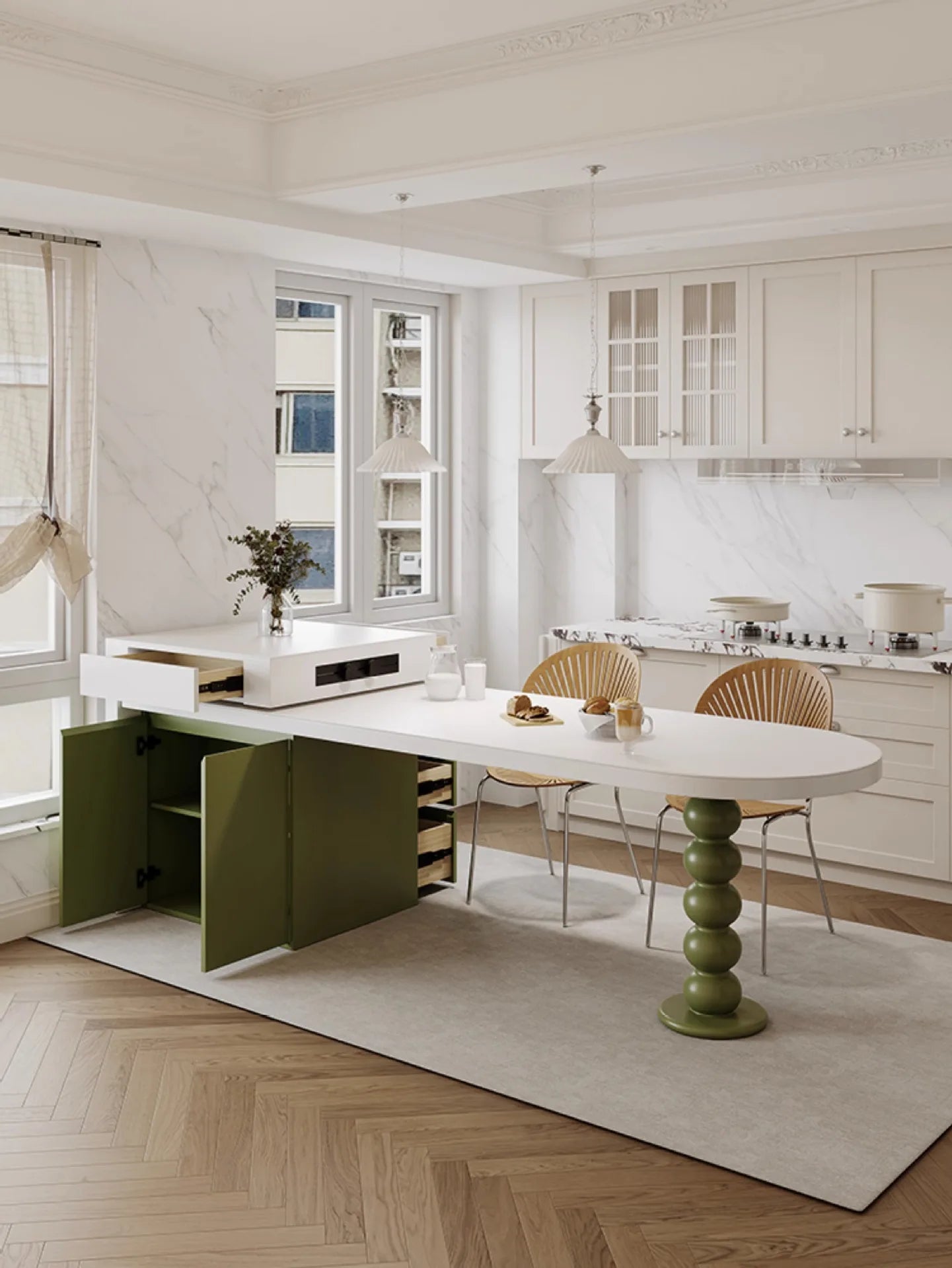 Island Table French Light Luxury Retractable Integrated Celebrity Family Apartment Arc Island Rock Plate Dining Table And Chairs