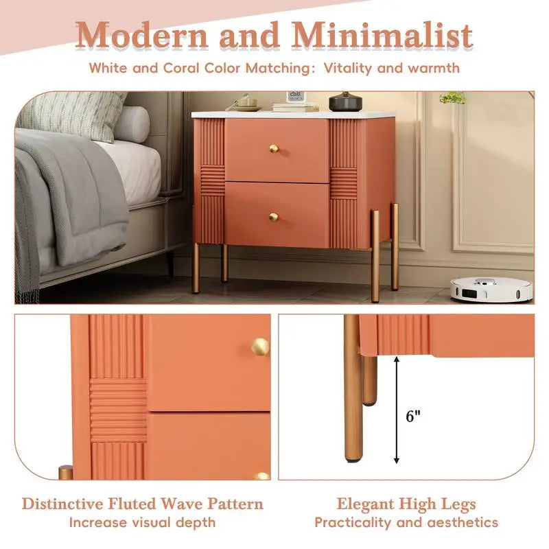 Modern Nightstand with 2 Storage Drawers, Fluted Side Table with Gold Handles and Legs, End Table for Living Room and Bedroom,