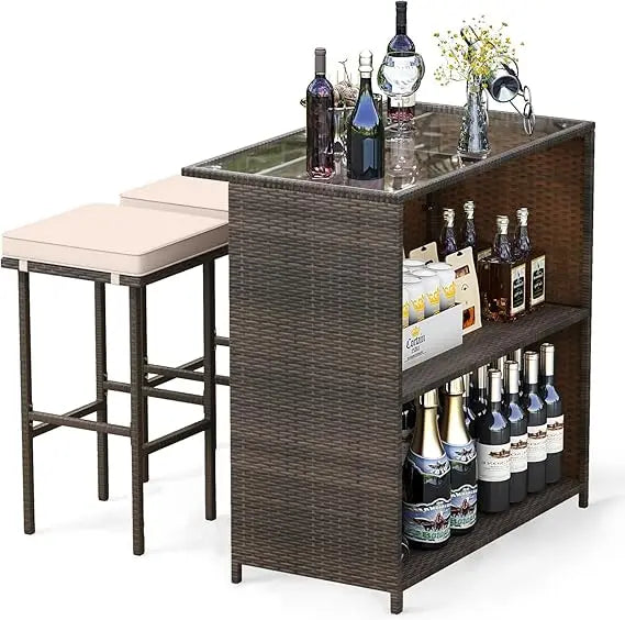 3 Piece Patio Bar Set, Outdoor Rattan Bar Table and 2 Stools with Tempered Glass Tabletop, 2-Tier Storage, Removable Cushions,