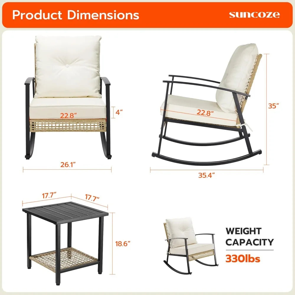 3 Piece Patio Furniture Set, Outdoor Rocking Chairs Set of 2 with Coffee Table, Patio Bistro Set Patio Rocking Chair Ove