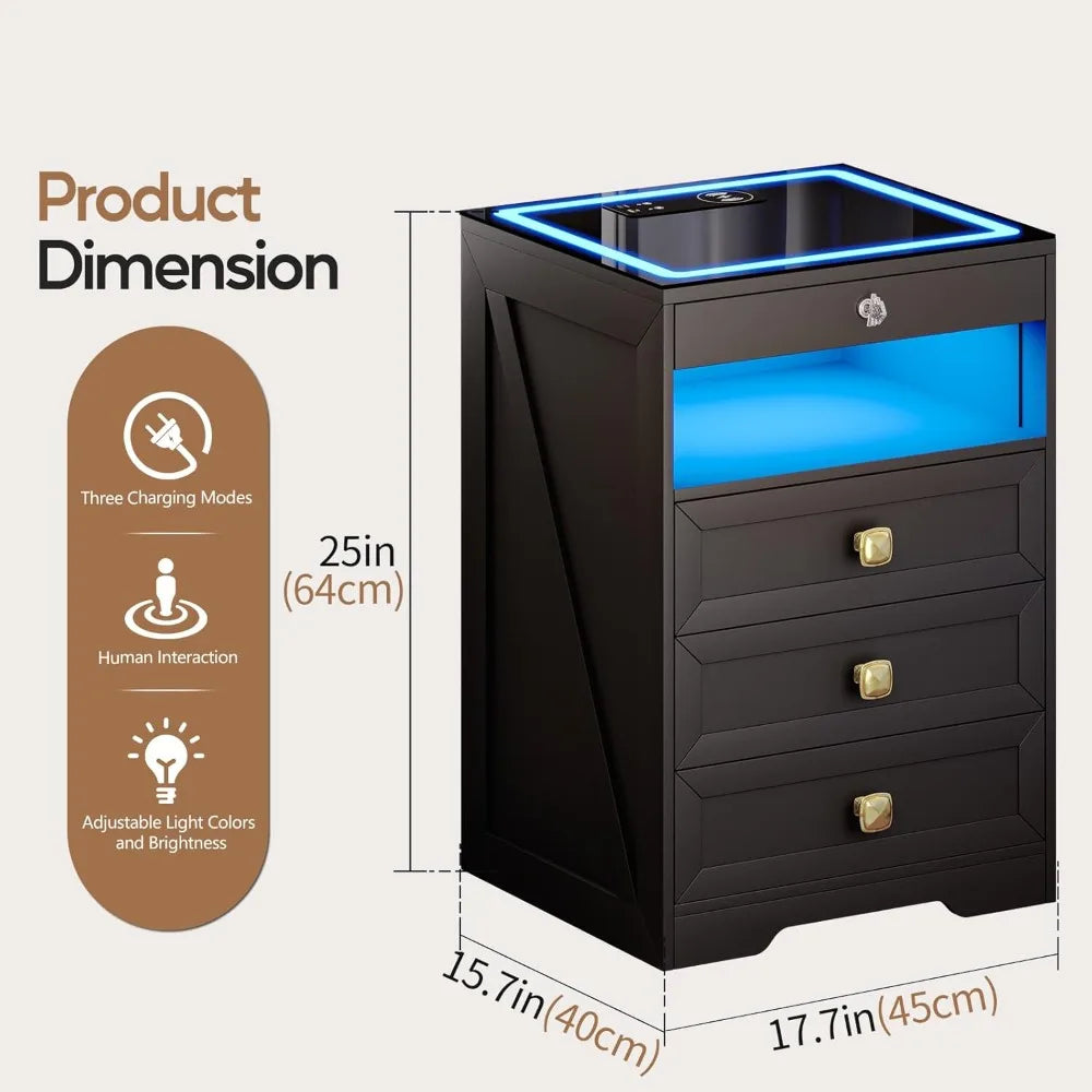 Smart Nightstand with Lockable Gun Drawer,Farmhouse Bedside Table with Charging Station and 3 LED Lights, Modern Night Stand
