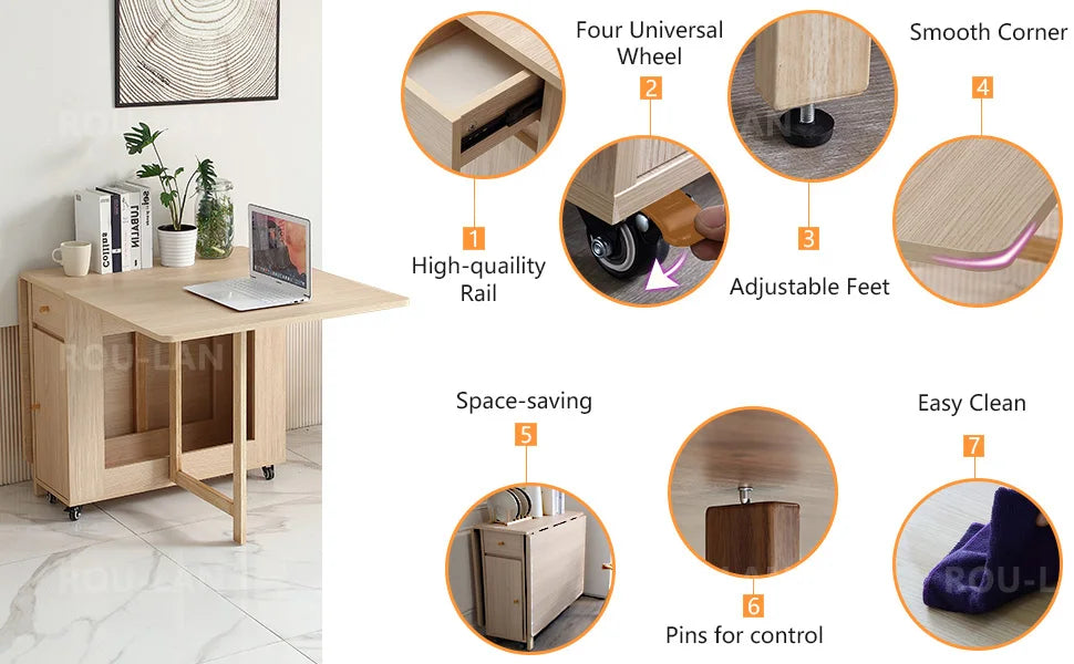 Folding Dining Table with 2 Drawers and 4 Wheels for Living Room,Kitchen, Farmhouse, Space Saving Table