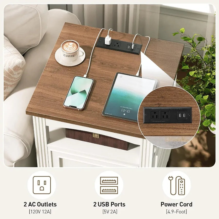 Large farmhousestyle end table with integrated charging station featuring drawers and open shelf for enhanced storage ideal for