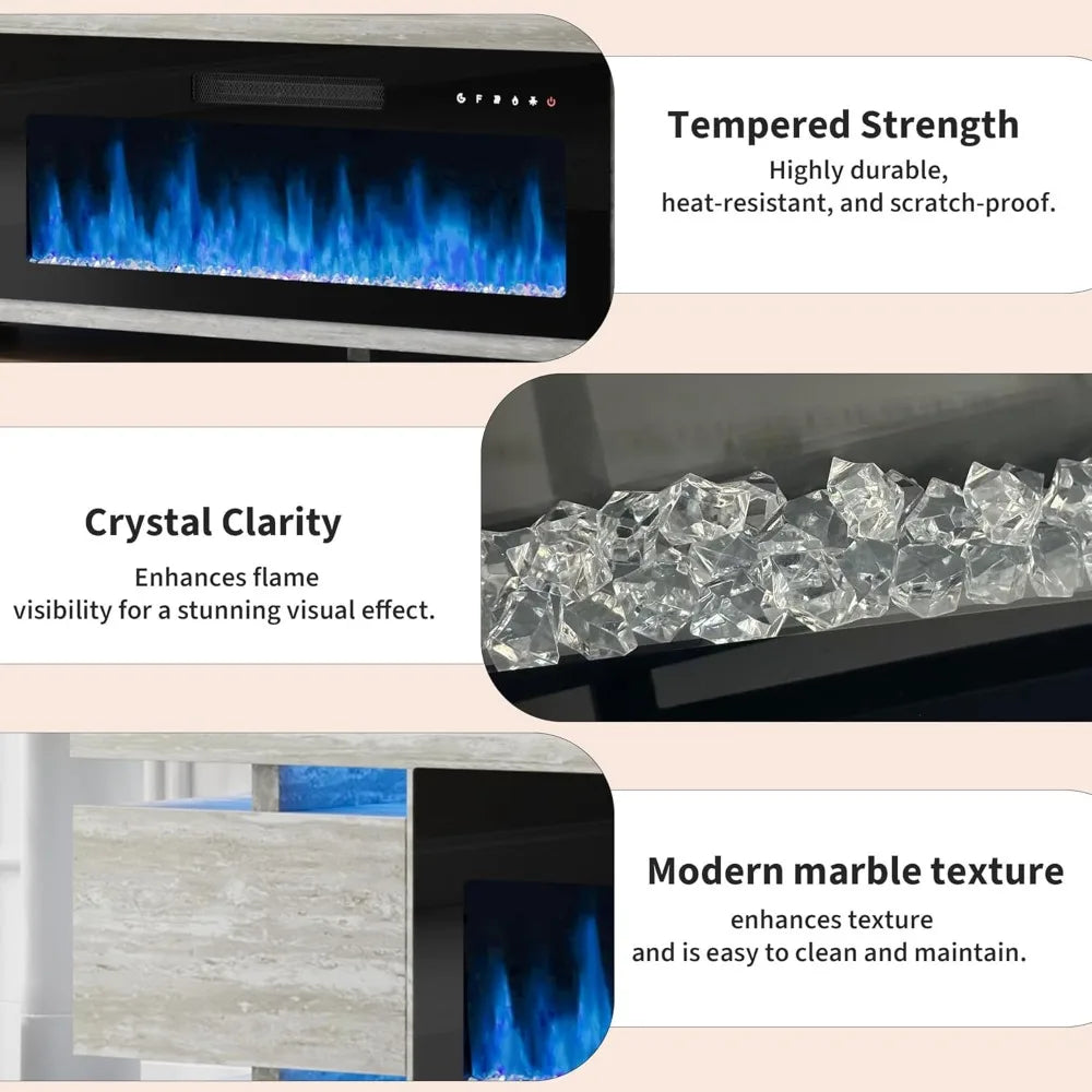 Fireplace TV Stand with 36" Electric Fireplace, LED Light Entertainment Center, TV Cabinet for TVs Up to 80", Modern Marble