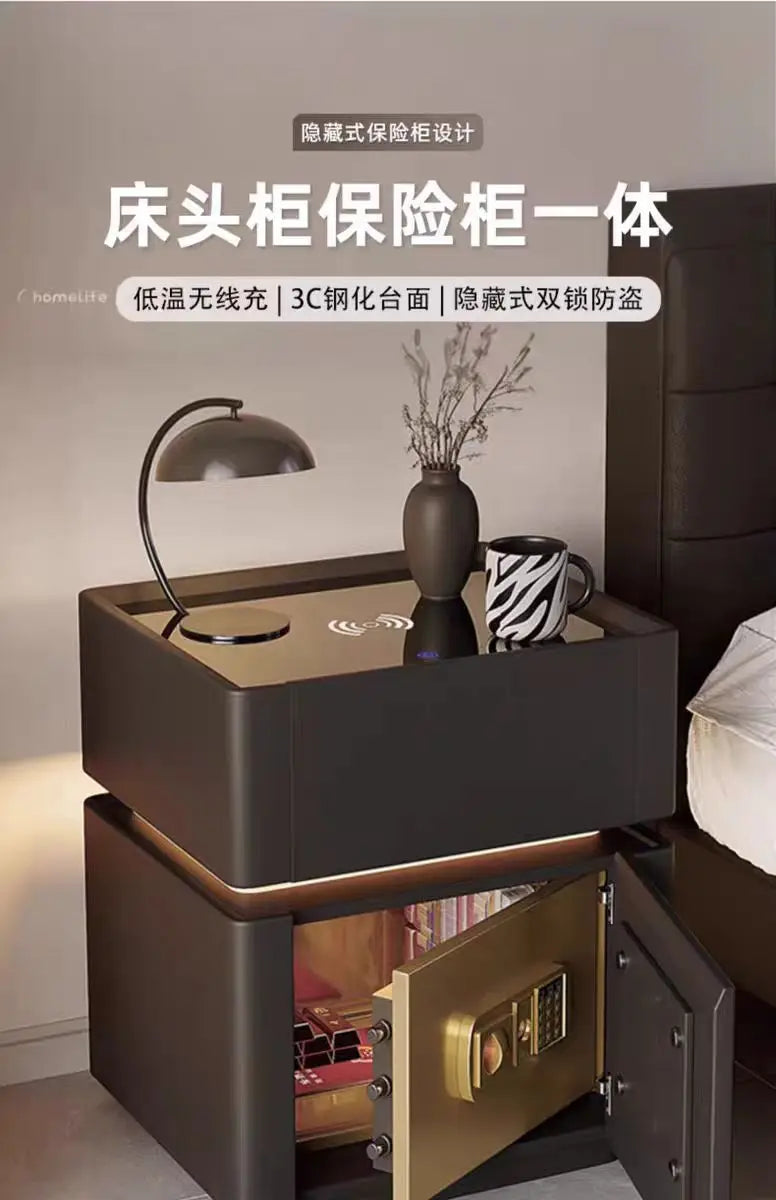 Smart Nightstand with LED Light Wireless Charging Safe or 2 Drawers – Modern Bedside Table Tempered Glass Top No Assembly
