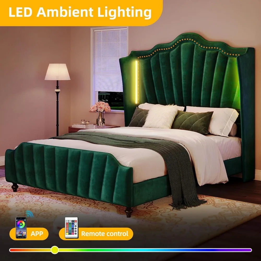 YITAHOME Queen Size Platform Bed Frame with 60" Tall Wingback Headboard and Footboard, Velvet Upholstered Bed with LED Light, So