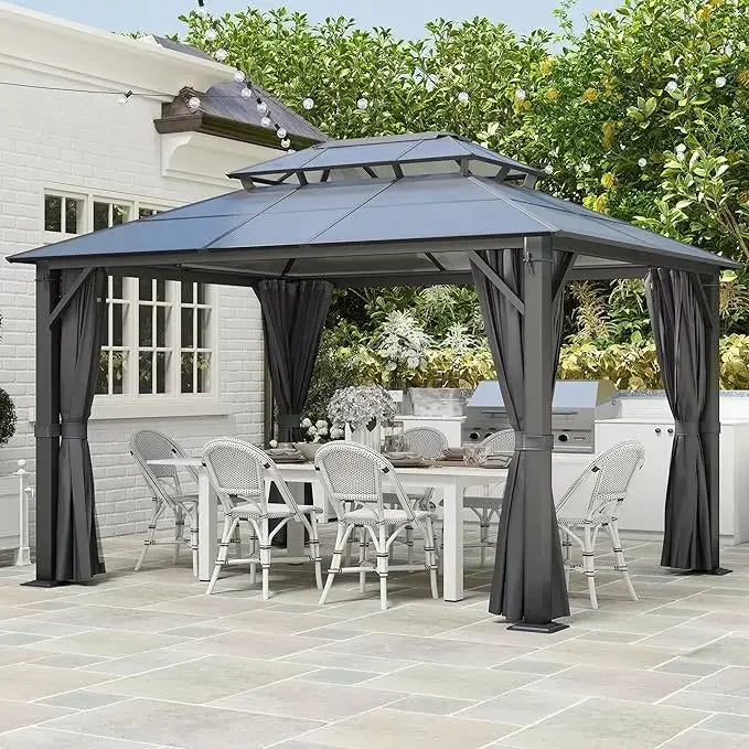 10'x12' Outdoor Hardtop Gazebo with Double Roof - Heavy-Duty Galvanized Steel Top Aluminum Frame Gazebo with Breathable Netting