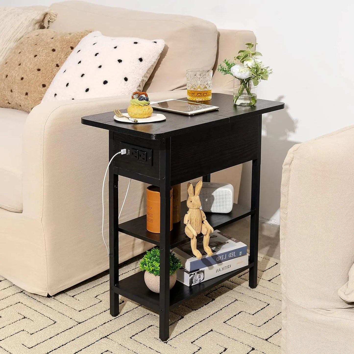 End Table w/Charging Station, Flip Top Side Table with USB Ports and Outlets, Narrow Nightstand with Storage Shelves,nightstands